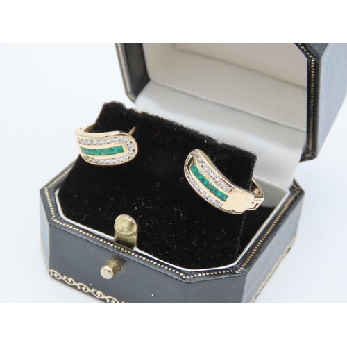 35 - Pair of Emerald and Diamond Ladies 9 Carat Yellow Gold Mounted Earrings Modernist Form Good Colour