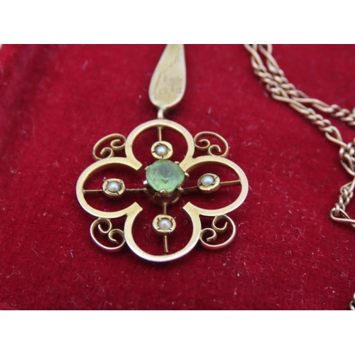 385 - 9 Carat Yellow Gold Set Peridot and Seed Pearl Decorated Pendant Chain 9 Carat Gold Dated 1918 Penda... 