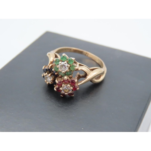 390 - Ruby Sapphire and Emerald Diamond Three Cluster Ladies Ring Mounted 9 Carat Yellow Gold Ring Size O