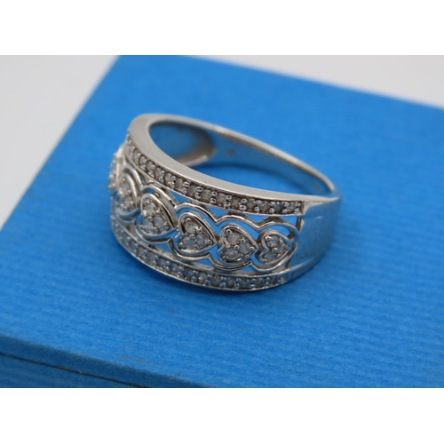 409 - 9 Carat White Gold Diamond Band Ladies Ring Size O and a Half with Heart Motif Filigree Decoration