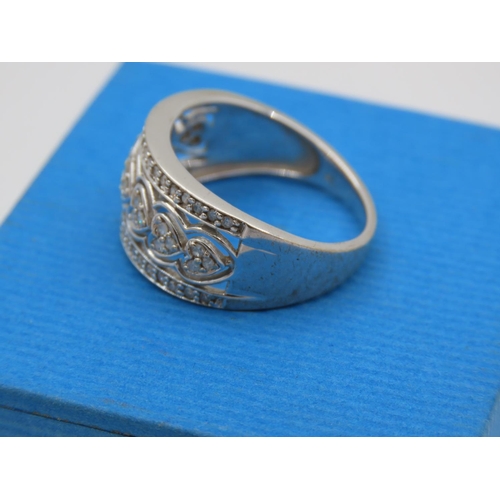 409 - 9 Carat White Gold Diamond Band Ladies Ring Size O and a Half with Heart Motif Filigree Decoration