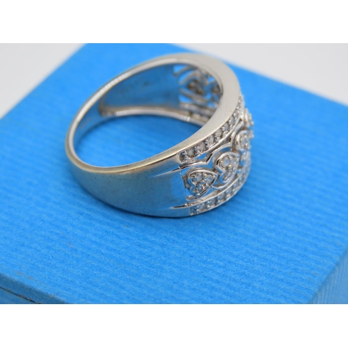 409 - 9 Carat White Gold Diamond Band Ladies Ring Size O and a Half with Heart Motif Filigree Decoration