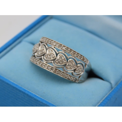 409 - 9 Carat White Gold Diamond Band Ladies Ring Size O and a Half with Heart Motif Filigree Decoration