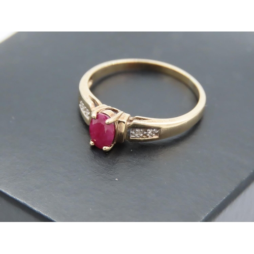 412 - Ruby and Diamond Ladies Ring Mounted on 9 Carat Yellow Gold Further Diamond Decorated Shoulders Ring... 