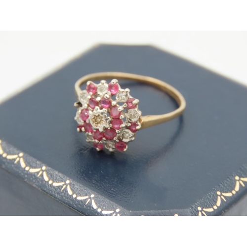 413 - 9 Carat Yellow Gold Diamond and Ruby Cluster Ladies Ring Size R and a Half