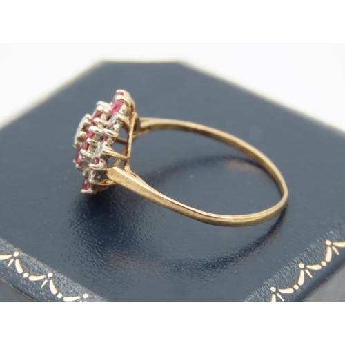 413 - 9 Carat Yellow Gold Diamond and Ruby Cluster Ladies Ring Size R and a Half