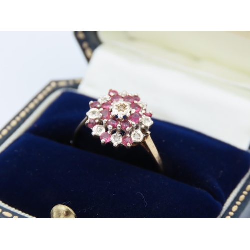 413 - 9 Carat Yellow Gold Diamond and Ruby Cluster Ladies Ring Size R and a Half