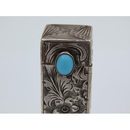 422 - Vintage Navago Silver and Turquoise Lipstick Holder with Pop Up Mirror Flower and Foliate Engraved D... 