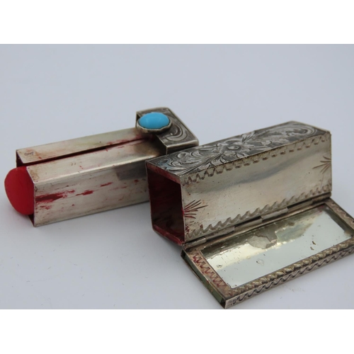 422 - Vintage Navago Silver and Turquoise Lipstick Holder with Pop Up Mirror Flower and Foliate Engraved D... 