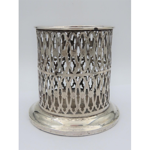 424 - Antique Solid Silver Wine Bottle Holder with Pierced Pattern Decoration Mounted on Solid Wooden Base... 