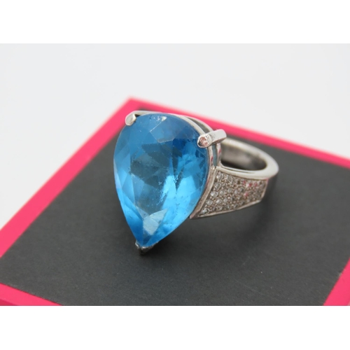 431 - White Gold Blue Topaz Pear Cut Ring with Further Diamond Decoration to Mount Unmarked Size M Possibl... 