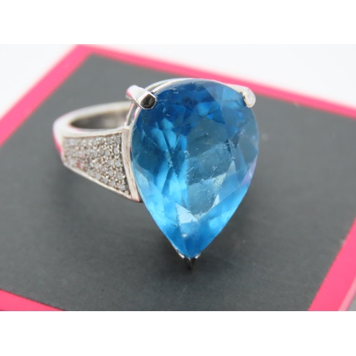 431 - White Gold Blue Topaz Pear Cut Ring with Further Diamond Decoration to Mount Unmarked Size M Possibl... 