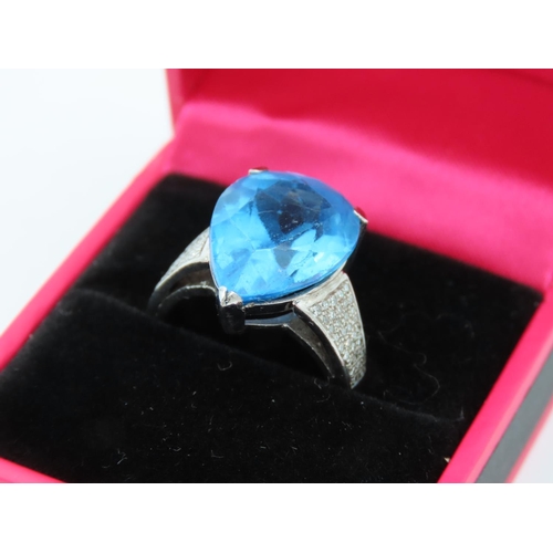 431 - White Gold Blue Topaz Pear Cut Ring with Further Diamond Decoration to Mount Unmarked Size M Possibl... 