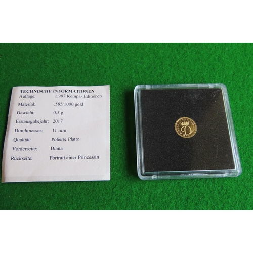 432 - Princess Diana Gold Commemorative Coin Dated 2015 Diameter 11mm Proof 11 Carat Gold Encapsulated Min... 