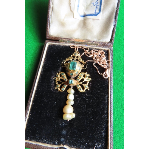 459 - Antique Baroque Ladies Necklace with Emerald Gemstones and Natural Pearls Attractively Detailed Emer... 