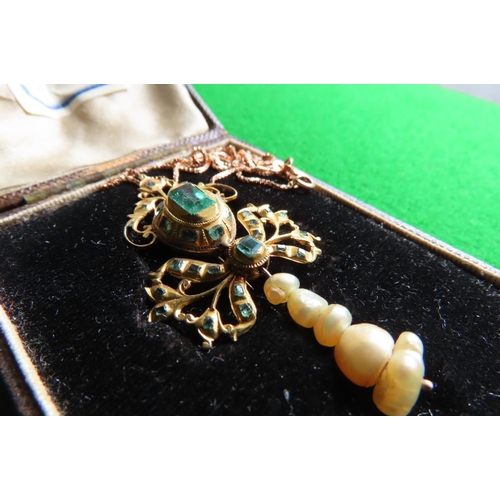 459 - Antique Baroque Ladies Necklace with Emerald Gemstones and Natural Pearls Attractively Detailed Emer... 