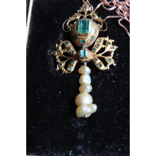 459 - Antique Baroque Ladies Necklace with Emerald Gemstones and Natural Pearls Attractively Detailed Emer... 