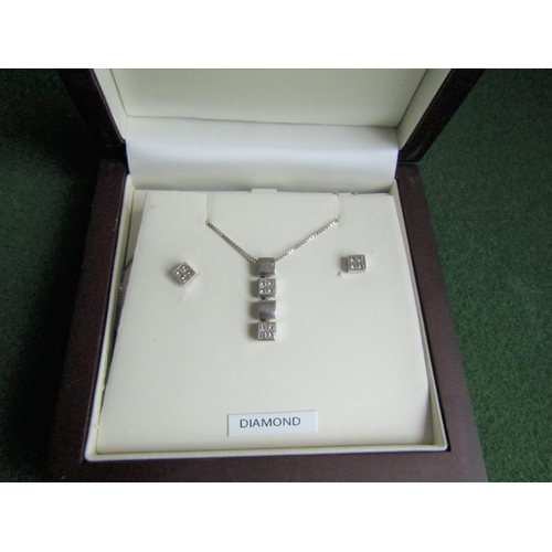 466 - Bernard English 18 Carat White Gold Set Ladies Pendant Necklace Princess Cut with Matching Pair of E... 