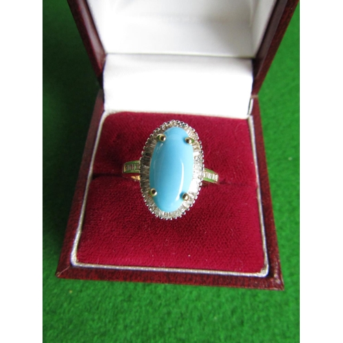 473 - 9 Carat Yellow Gold Turquoise Set Centre Stone Ring Cabochon Cut with Pave Cut Diamond Surround Ring... 