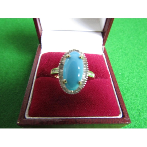 473 - 9 Carat Yellow Gold Turquoise Set Centre Stone Ring Cabochon Cut with Pave Cut Diamond Surround Ring... 