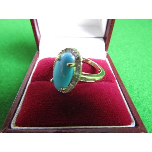 473 - 9 Carat Yellow Gold Turquoise Set Centre Stone Ring Cabochon Cut with Pave Cut Diamond Surround Ring... 