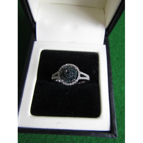 474 - Blue Gemstone Diamond Cluster Ring with Outer Circle and Bifurcated Shoulders with White Diamond Poi... 