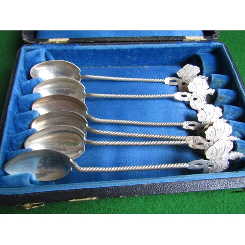 479 - Set of Six White Metal Coffee Spoons with Oriental Scratched Touch Marks Flower Head Finials Fitted ... 