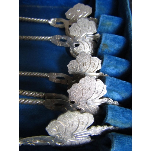 479 - Set of Six White Metal Coffee Spoons with Oriental Scratched Touch Marks Flower Head Finials Fitted ... 