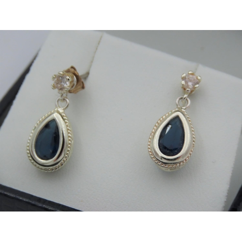 48 - Pair of 9 Carat White Gold Mounted Sapphire Drop Pendant Earrings Attractive Form Signed NB