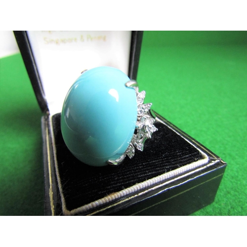 486 - 18 Carat White Gold Ladies Ring Set with Oval Cabochon Cut Turquoise Gemstone Surrounded by Thirty B... 