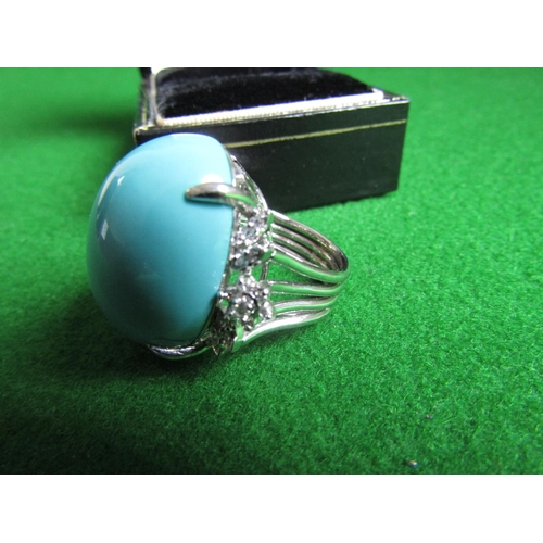 486 - 18 Carat White Gold Ladies Ring Set with Oval Cabochon Cut Turquoise Gemstone Surrounded by Thirty B... 