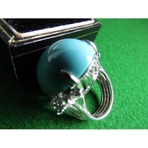 486 - 18 Carat White Gold Ladies Ring Set with Oval Cabochon Cut Turquoise Gemstone Surrounded by Thirty B... 