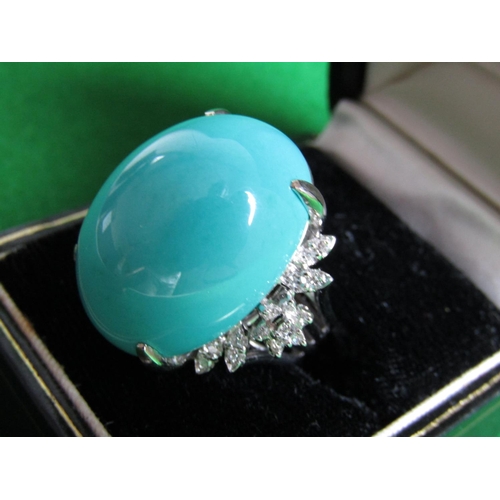 486 - 18 Carat White Gold Ladies Ring Set with Oval Cabochon Cut Turquoise Gemstone Surrounded by Thirty B... 