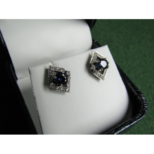 492 - Pair of Sapphire and Diamond 14 Carat White Gold Set Ladies Earrings Geometric Form