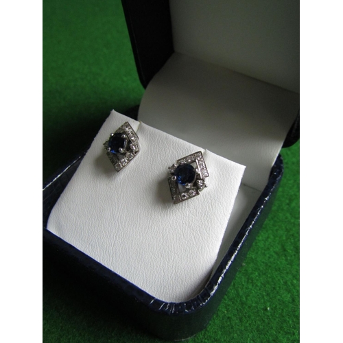 492 - Pair of Sapphire and Diamond 14 Carat White Gold Set Ladies Earrings Geometric Form