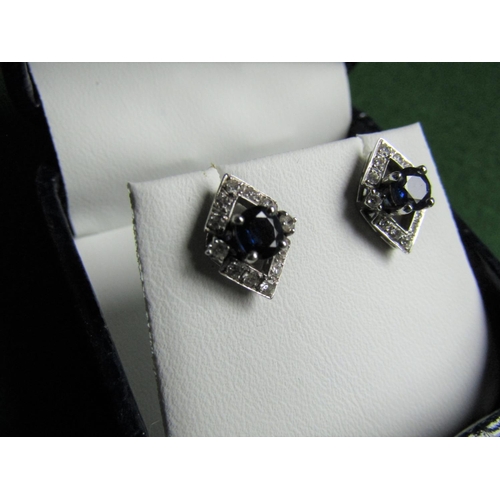 492 - Pair of Sapphire and Diamond 14 Carat White Gold Set Ladies Earrings Geometric Form