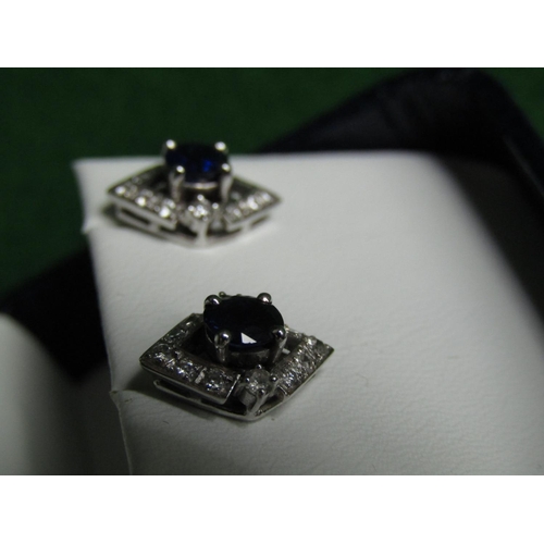 492 - Pair of Sapphire and Diamond 14 Carat White Gold Set Ladies Earrings Geometric Form