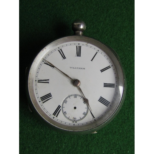 496 - Antique Solid Silver Cased Waltham Pocket Watch Roman Numeral Decorated Dial