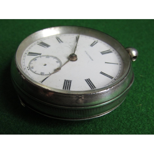 496 - Antique Solid Silver Cased Waltham Pocket Watch Roman Numeral Decorated Dial