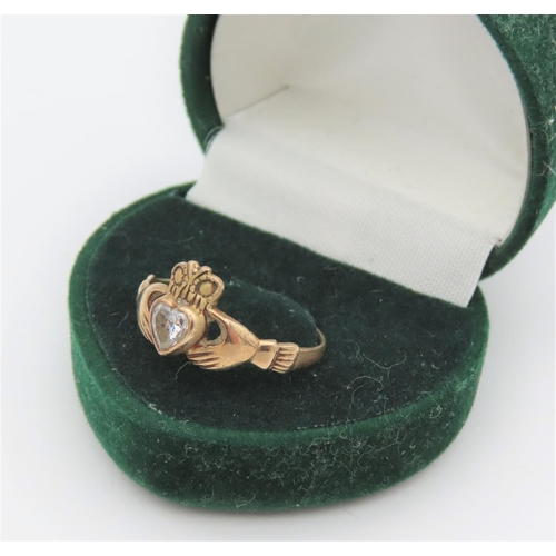 5 - 9 Carat Yellow Gold Diamond Set Ladies Claddagh Ring Size R