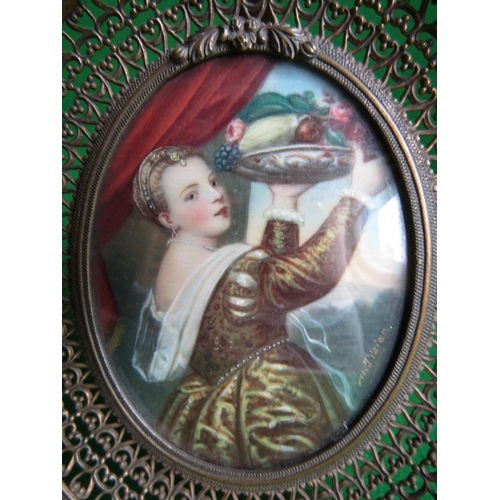 505 - Antique Portrait Miniature Lady Holding Fruit Basket Aloft Contained within Finely Decorated Ormolu ... 