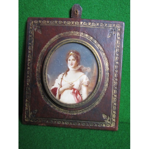 511 - Antique Portrait Miniature Oval Form Contained within Gilt Embossed Leather Frame Approximately 4 In... 