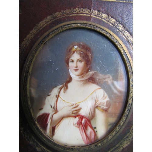 511 - Antique Portrait Miniature Oval Form Contained within Gilt Embossed Leather Frame Approximately 4 In... 