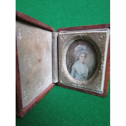 512 - Regency Portrait Miniature Contained within Leatherbound Case Lady with Bonnet Approximately 4 Inche... 