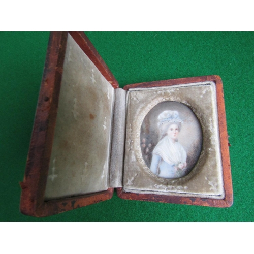 512 - Regency Portrait Miniature Contained within Leatherbound Case Lady with Bonnet Approximately 4 Inche... 