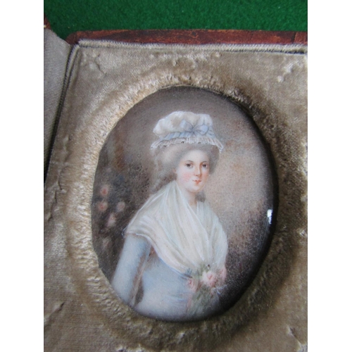 512 - Regency Portrait Miniature Contained within Leatherbound Case Lady with Bonnet Approximately 4 Inche... 