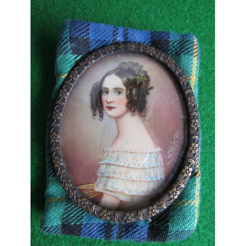 513 - Antique Portrait Miniature Girl Side Profile Contained within Ormolu Frame Shamrock Detailing to Sur... 