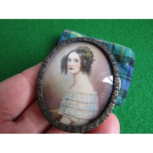 513 - Antique Portrait Miniature Girl Side Profile Contained within Ormolu Frame Shamrock Detailing to Sur... 