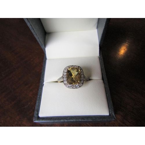 515 - Citrine Diamond Halo Set Ladies Ring Mounted on 9 Carat Yellow Gold Band Further Diamond Decorated S... 