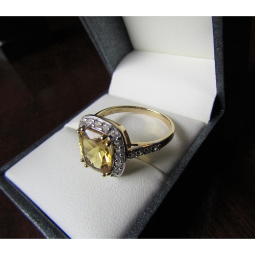 515 - Citrine Diamond Halo Set Ladies Ring Mounted on 9 Carat Yellow Gold Band Further Diamond Decorated S... 